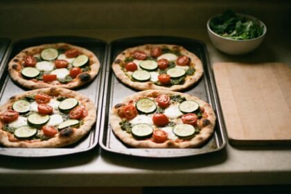 Vegetable flatbread pizzas on baking trays beside salad leaves on a home kitchen bench.