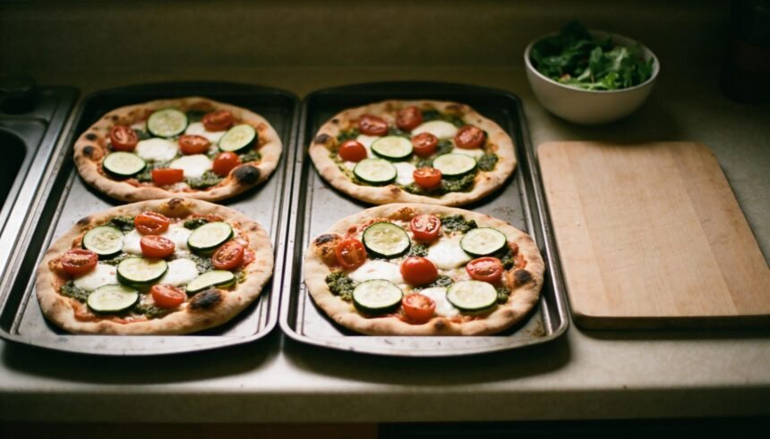 Vegetable flatbread pizzas on baking trays beside salad leaves on a home kitchen bench.