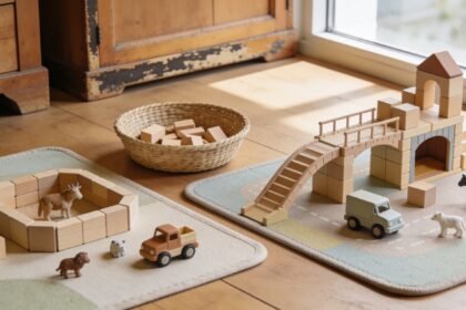 Two play mats with simple and detailed block buildings forming a shared toy town.