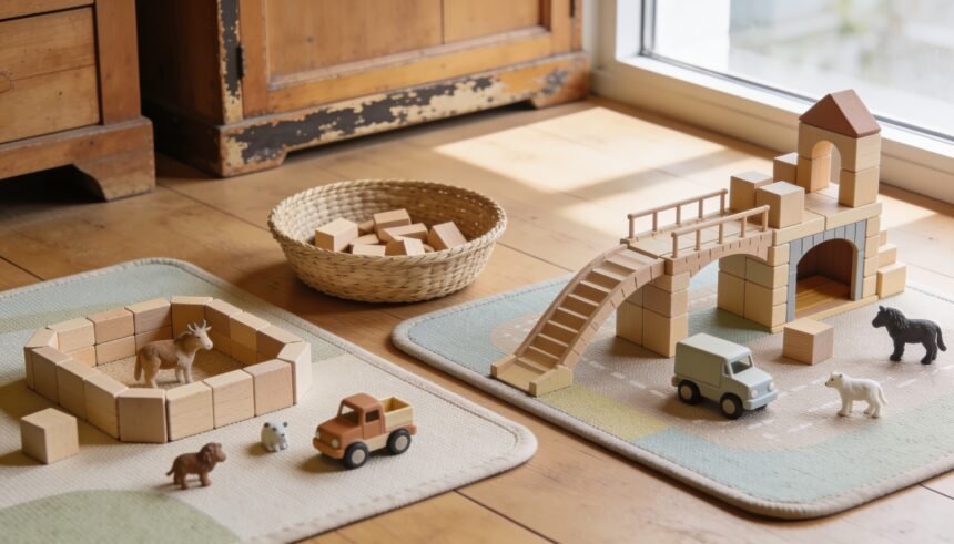 Two play mats with simple and detailed block buildings forming a shared toy town.