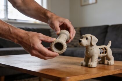 Hands examining the construction of a plain rubber dog toy beside another intact toy.