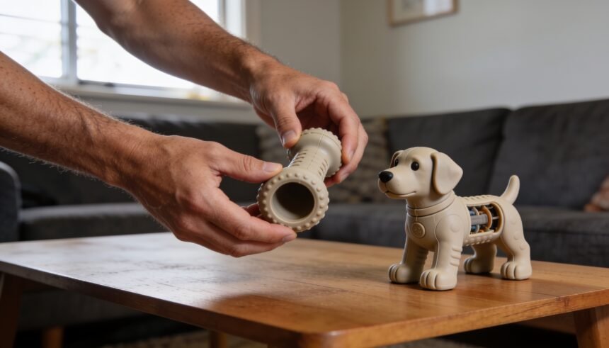 Hands examining the construction of a plain rubber dog toy beside another intact toy.